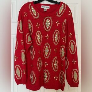 Vintage Victoria Harbour Heavily Beaded Long Red Sweater Gold Christmas Dress